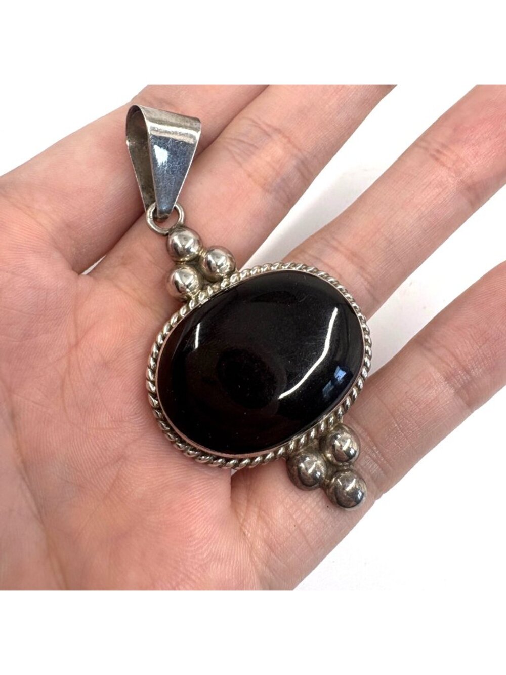 Black Onyx Bezel Set Rope Border Beaded Pendant Sterling Silver 925 Size 2.75"